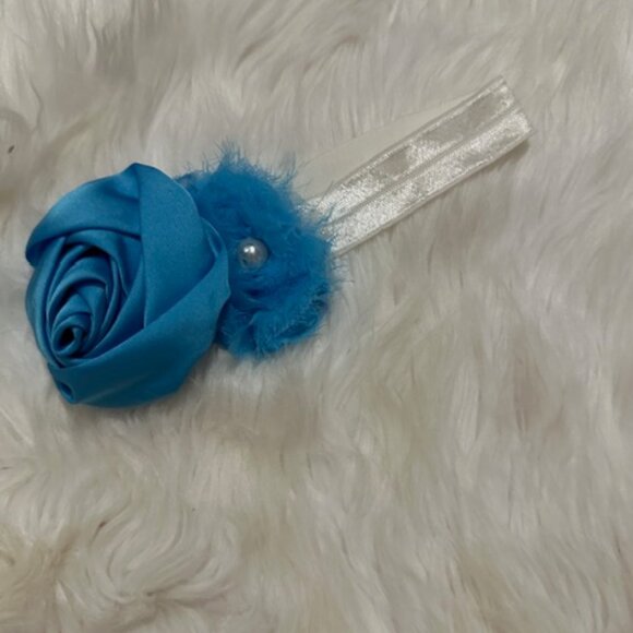 Aqua Duo Rolled Satin and Shabby Flower on FOE Headband - Picture 1 of 1
